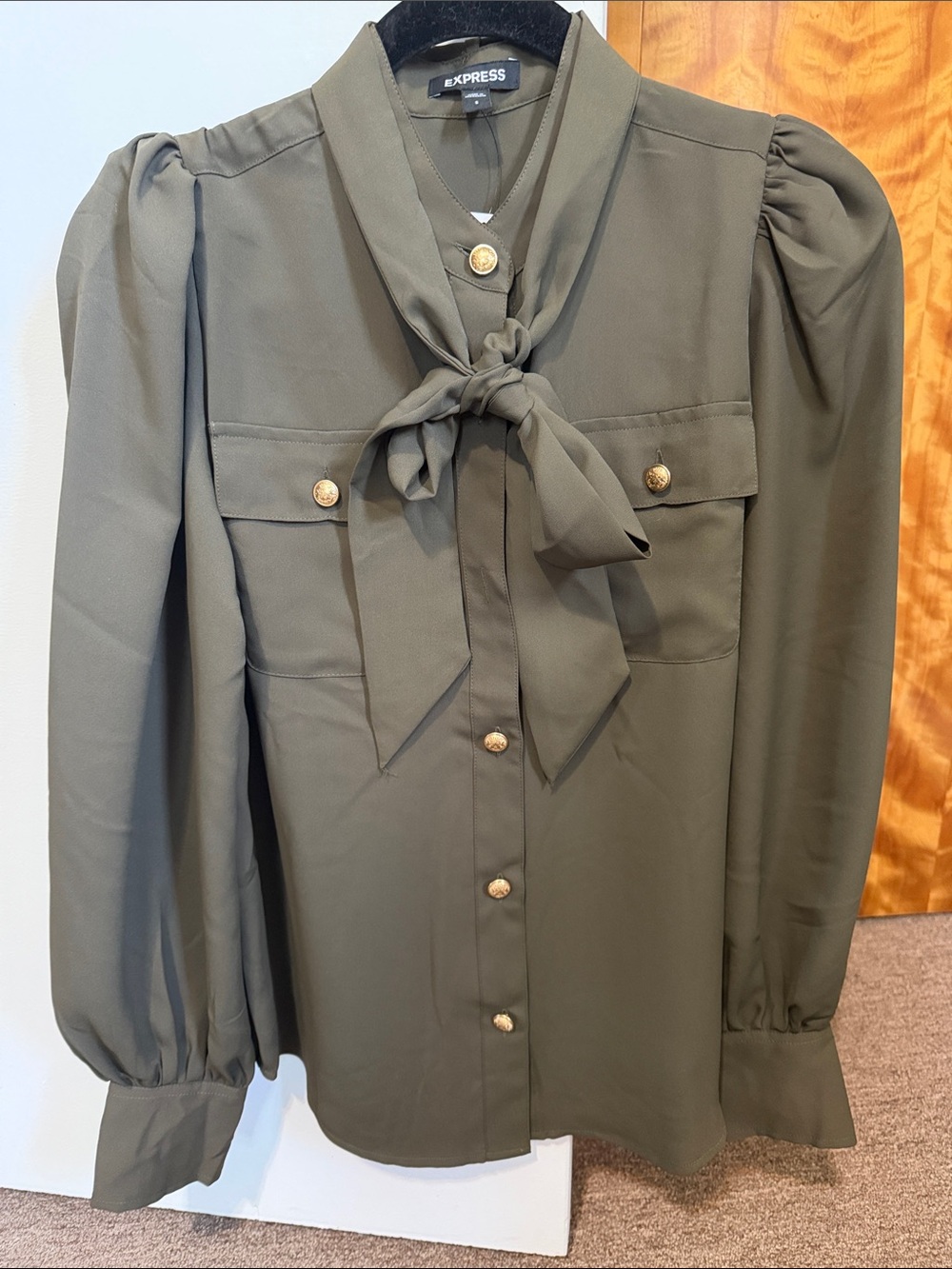 Express Olive Tie-Neck Puff Sleeve Blouse